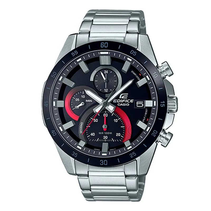 Reloj Casio Edifice pulso metálico plateado multi puntero fechero tablero negro referencia EFR-571DB-1A1VUDF